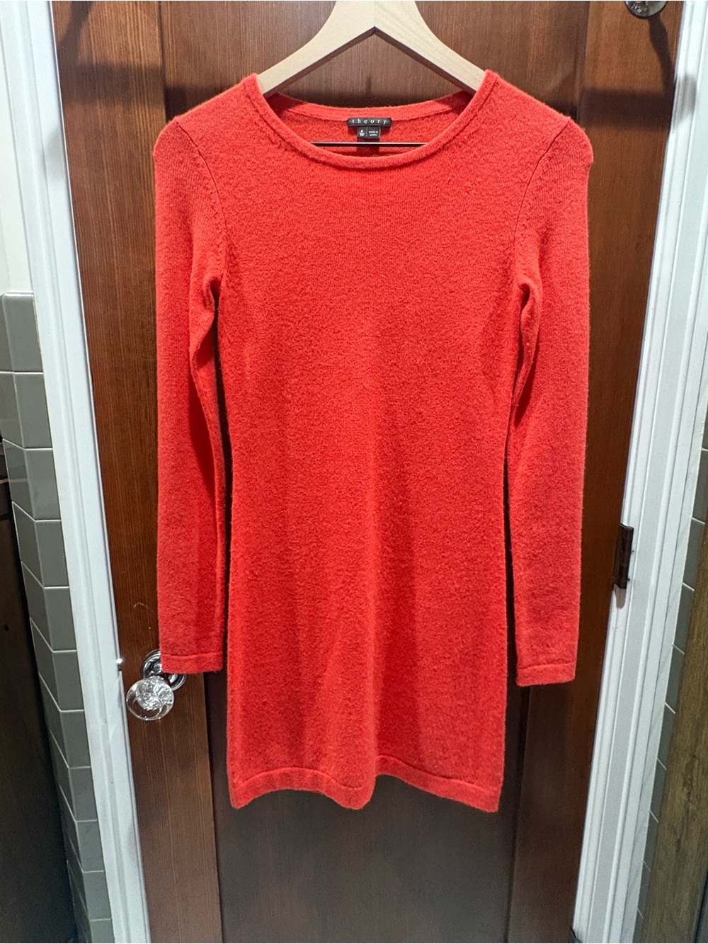 Theory Coral-Red Long Sleeve Knit Sheath Dress